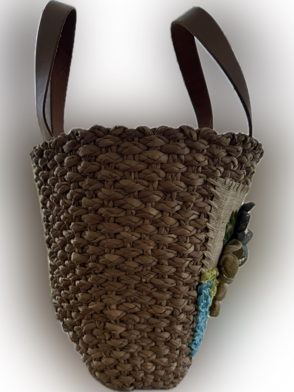 Handcrafted Floral Straw Tote Bag in Natural, Turquoise & Olive - Picture 6 of 10